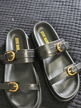 Steve Madden Black Slide Sandals with Gold Buckles